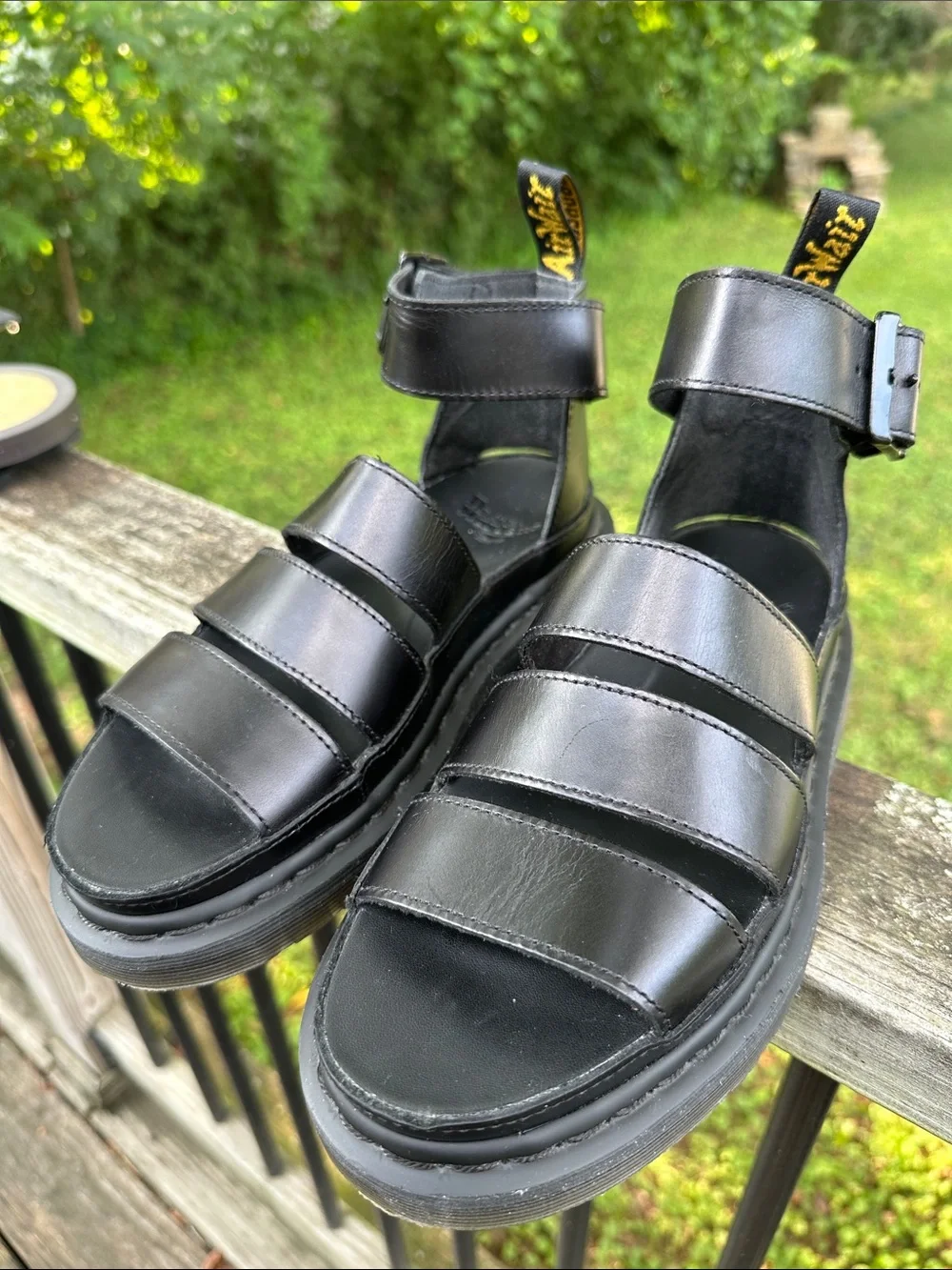 Dr. Martens Clarissa II Black Leather Triple-Strap Platform Gladiator Sandals 6